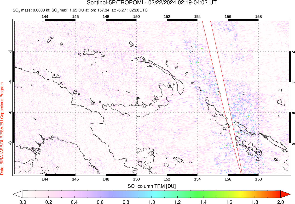 A sulfur dioxide image over Papua, New Guinea on Feb 22, 2024.