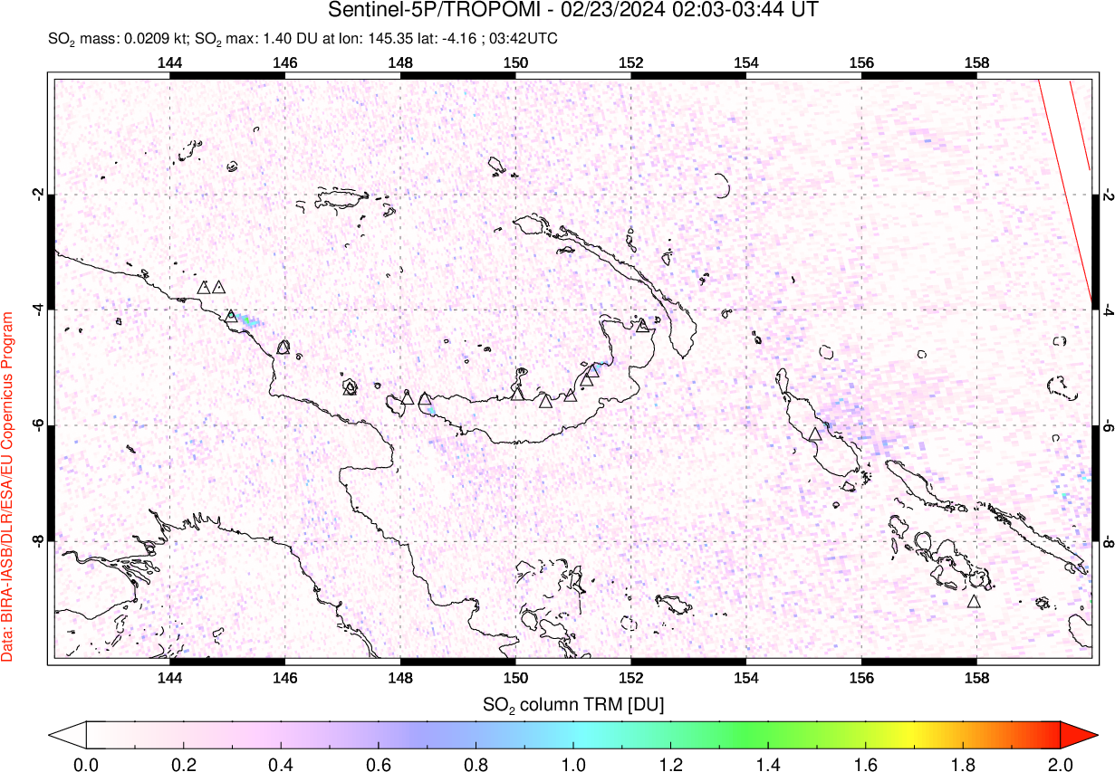 A sulfur dioxide image over Papua, New Guinea on Feb 23, 2024.