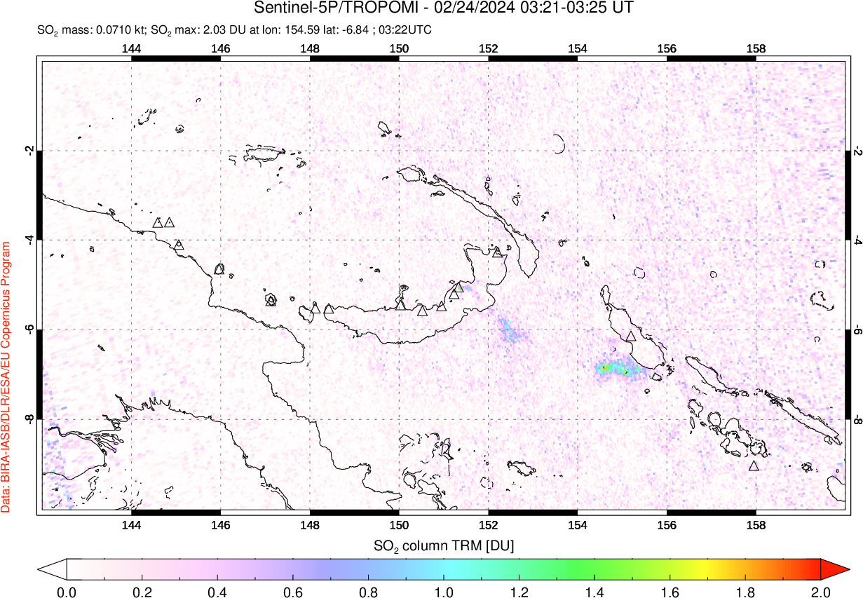 A sulfur dioxide image over Papua, New Guinea on Feb 24, 2024.