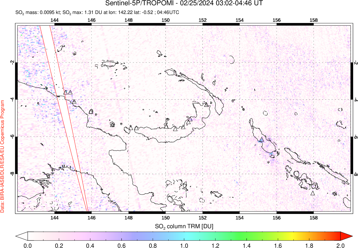 A sulfur dioxide image over Papua, New Guinea on Feb 25, 2024.