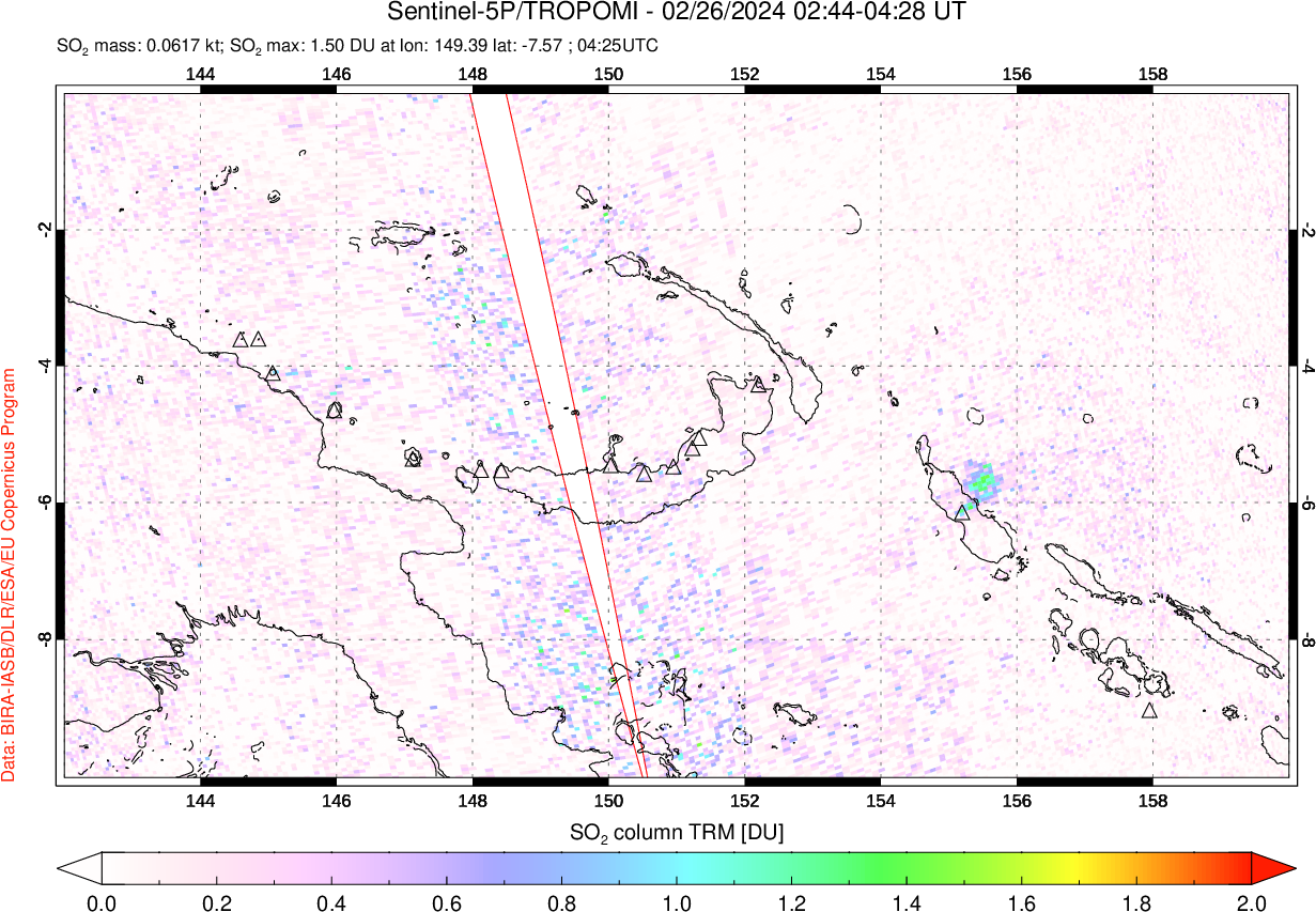 A sulfur dioxide image over Papua, New Guinea on Feb 26, 2024.