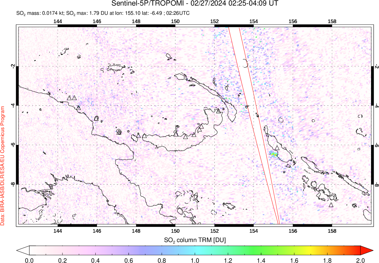 A sulfur dioxide image over Papua, New Guinea on Feb 27, 2024.