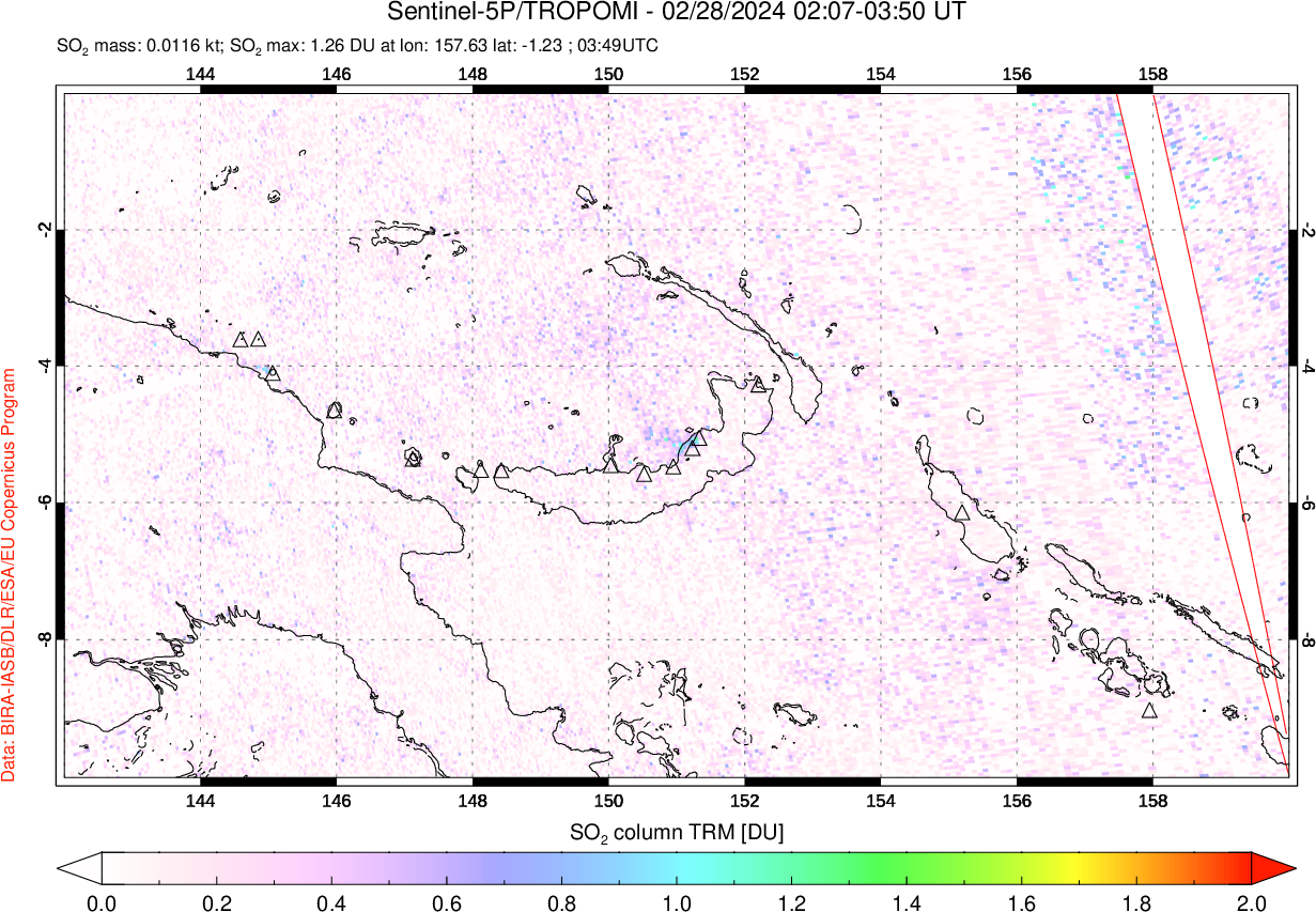 A sulfur dioxide image over Papua, New Guinea on Feb 28, 2024.