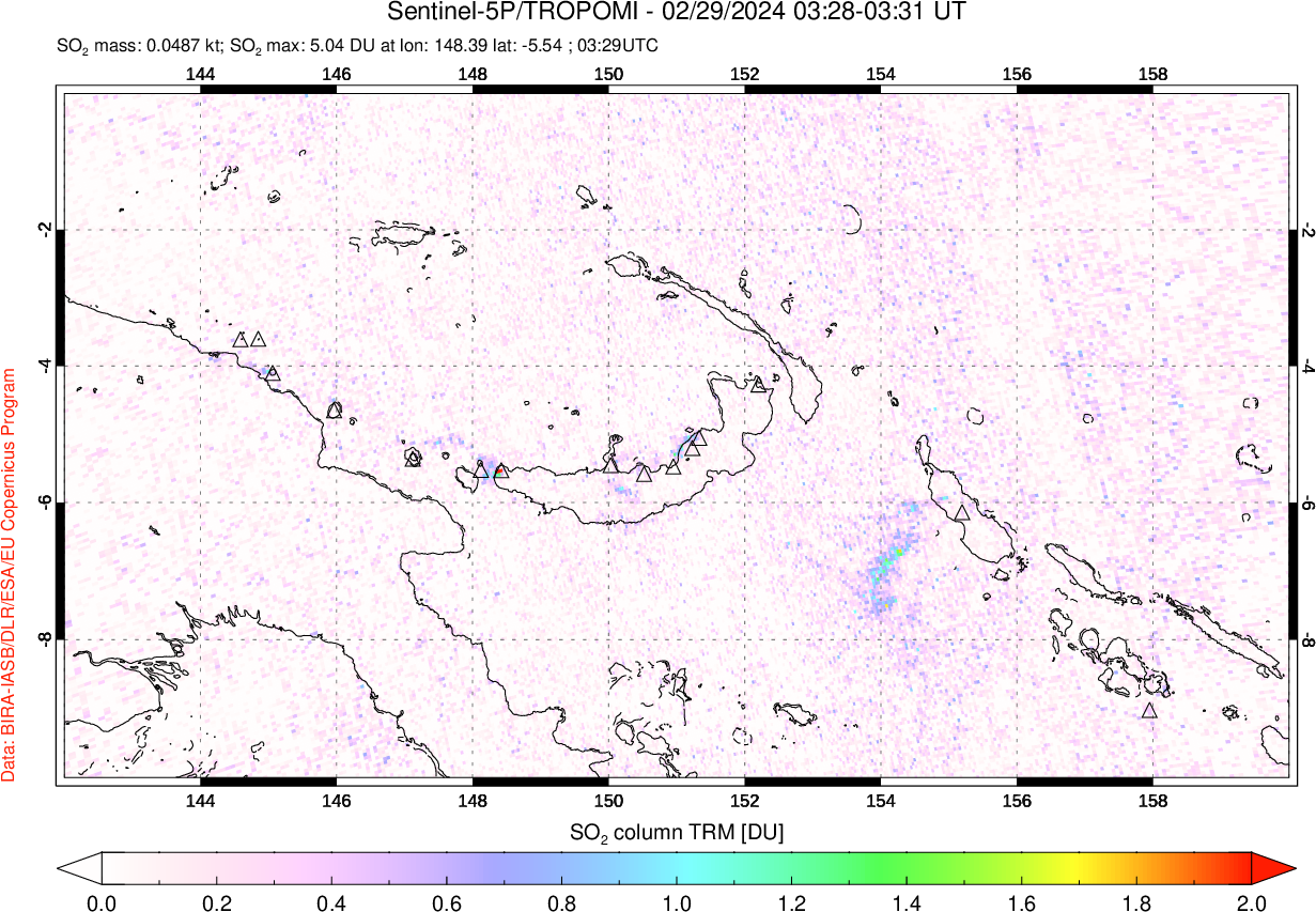 A sulfur dioxide image over Papua, New Guinea on Feb 29, 2024.
