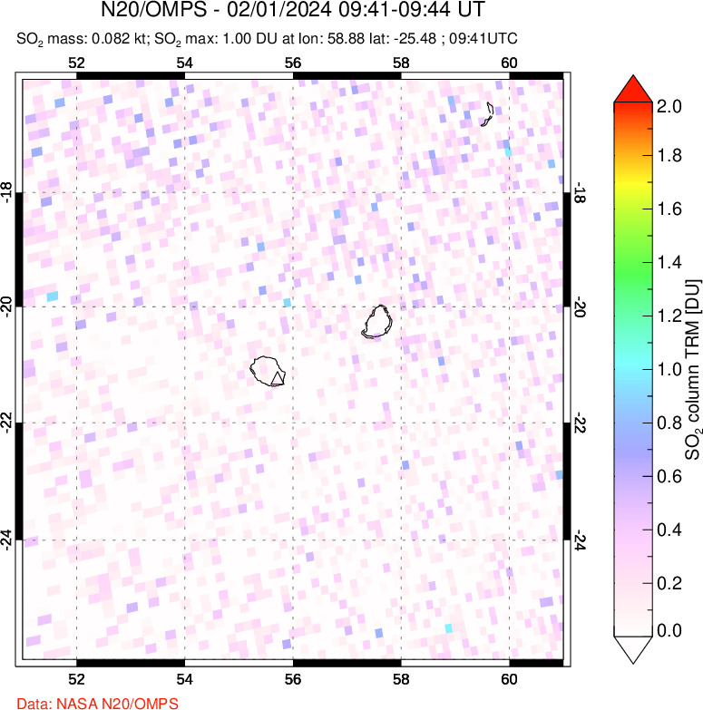 A sulfur dioxide image over Reunion Island, Indian Ocean on Feb 01, 2024.