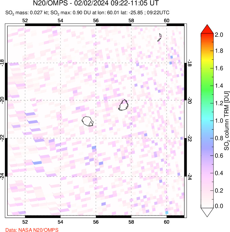 A sulfur dioxide image over Reunion Island, Indian Ocean on Feb 02, 2024.