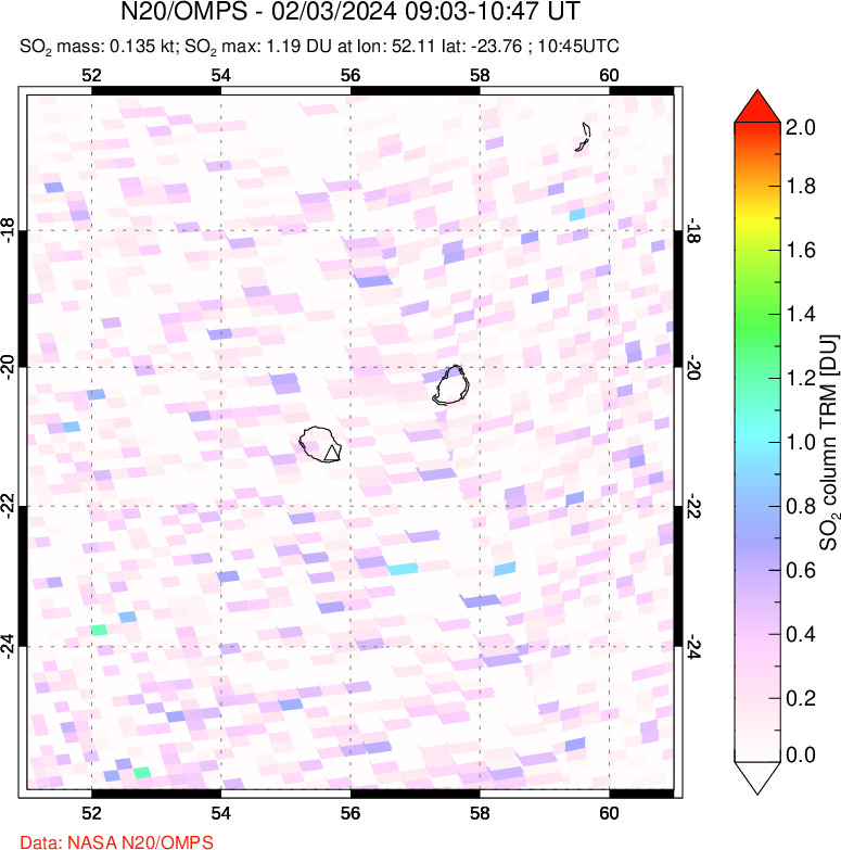 A sulfur dioxide image over Reunion Island, Indian Ocean on Feb 03, 2024.