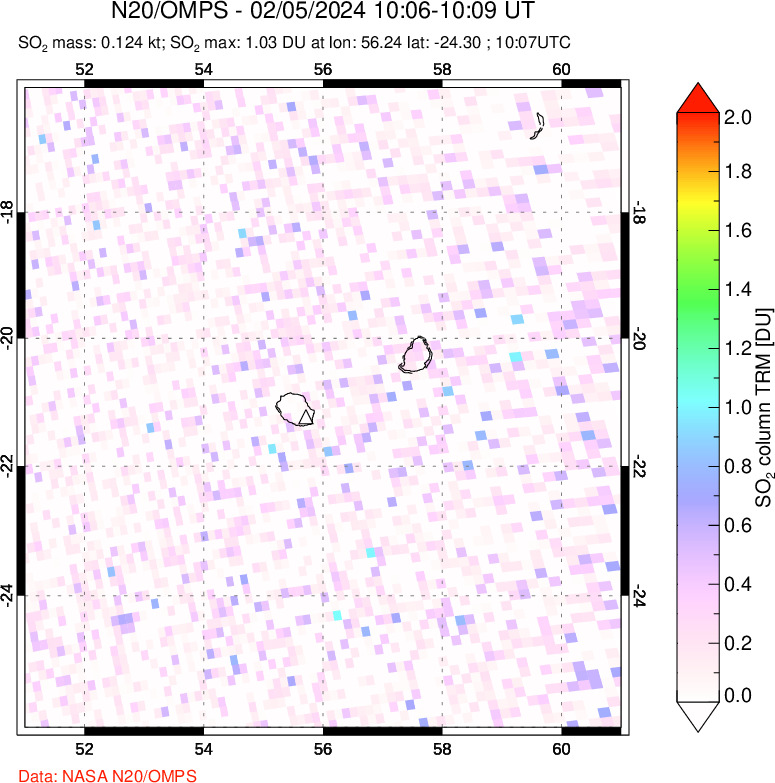 A sulfur dioxide image over Reunion Island, Indian Ocean on Feb 05, 2024.