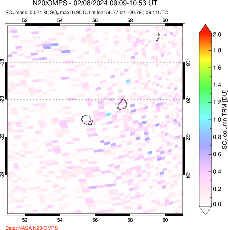 A sulfur dioxide image over Reunion Island, Indian Ocean on Feb 08, 2024.