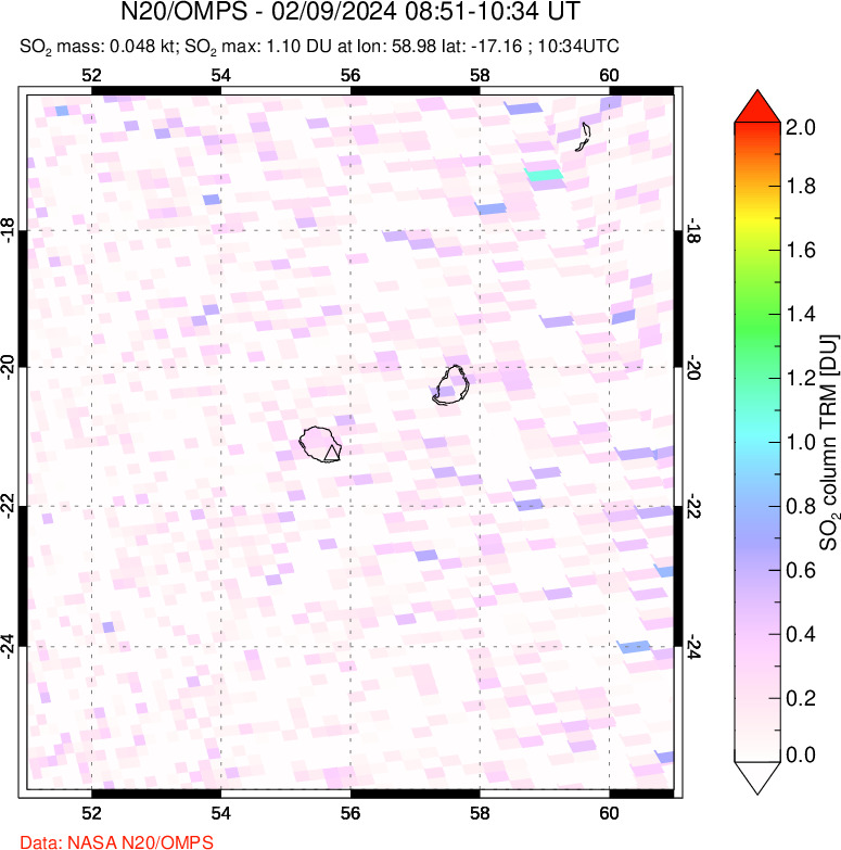 A sulfur dioxide image over Reunion Island, Indian Ocean on Feb 09, 2024.