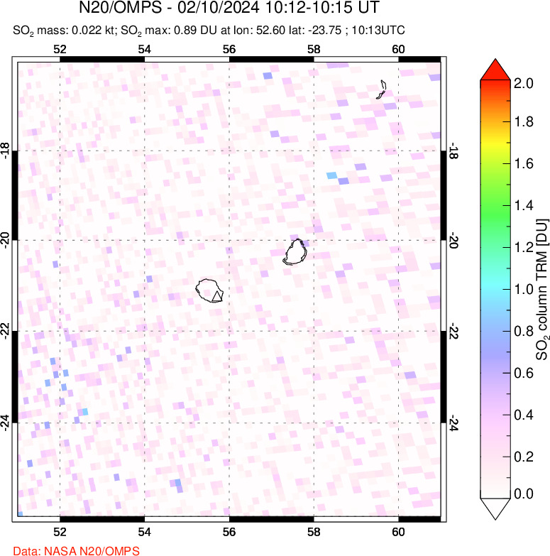 A sulfur dioxide image over Reunion Island, Indian Ocean on Feb 10, 2024.