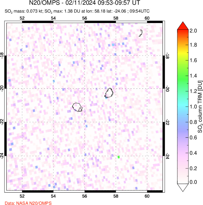 A sulfur dioxide image over Reunion Island, Indian Ocean on Feb 11, 2024.