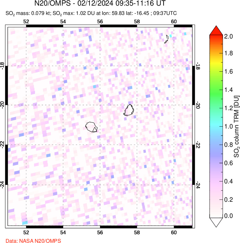 A sulfur dioxide image over Reunion Island, Indian Ocean on Feb 12, 2024.