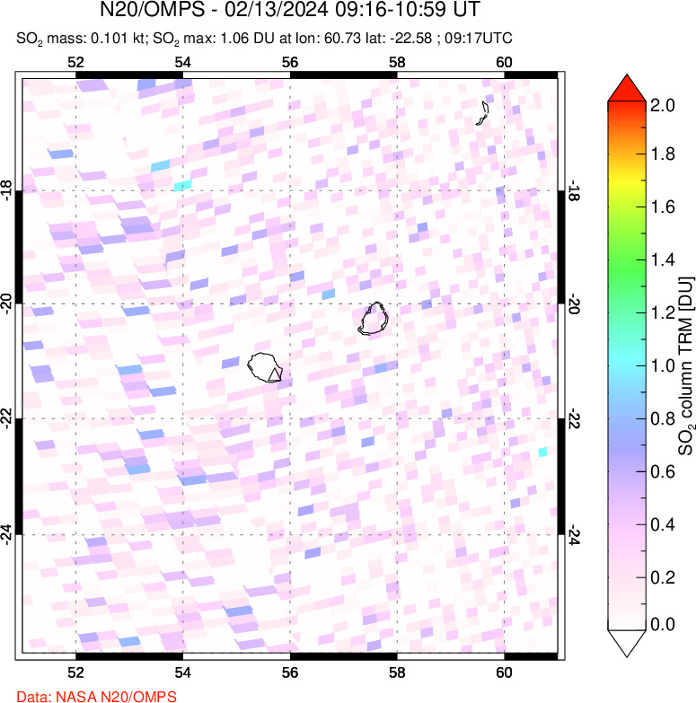 A sulfur dioxide image over Reunion Island, Indian Ocean on Feb 13, 2024.