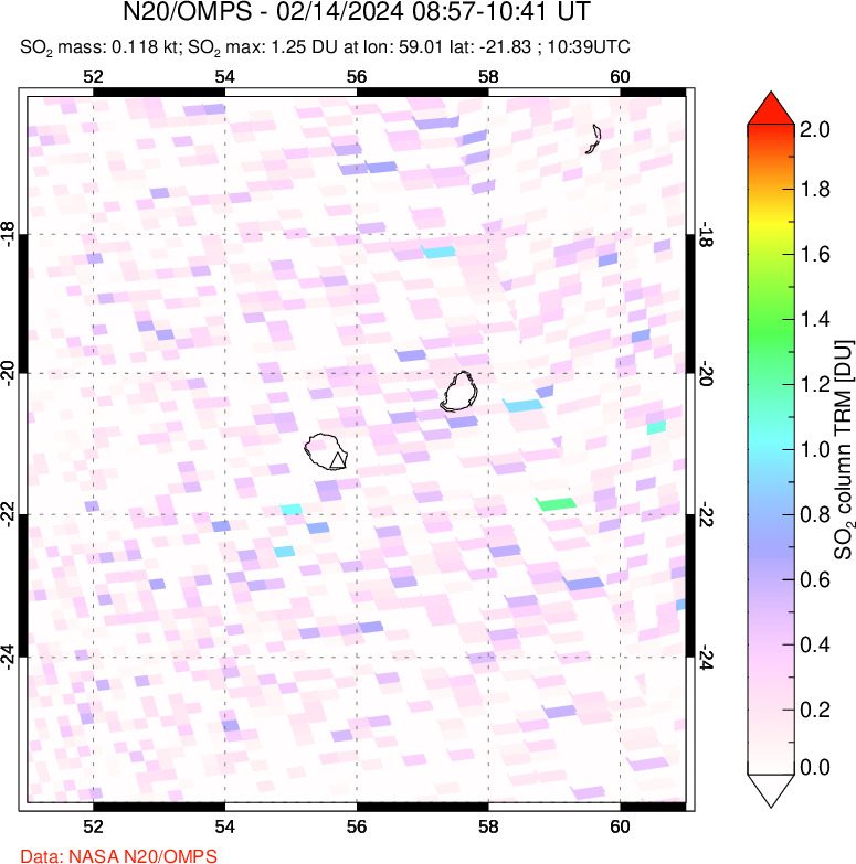 A sulfur dioxide image over Reunion Island, Indian Ocean on Feb 14, 2024.