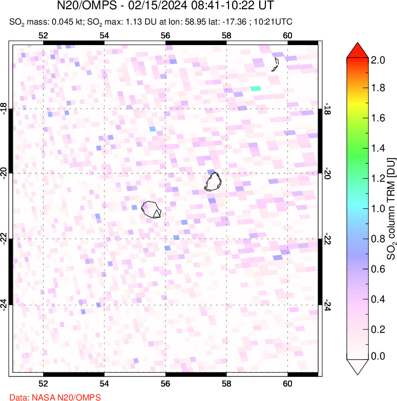 A sulfur dioxide image over Reunion Island, Indian Ocean on Feb 15, 2024.