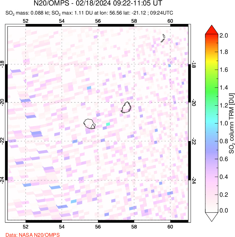 A sulfur dioxide image over Reunion Island, Indian Ocean on Feb 18, 2024.