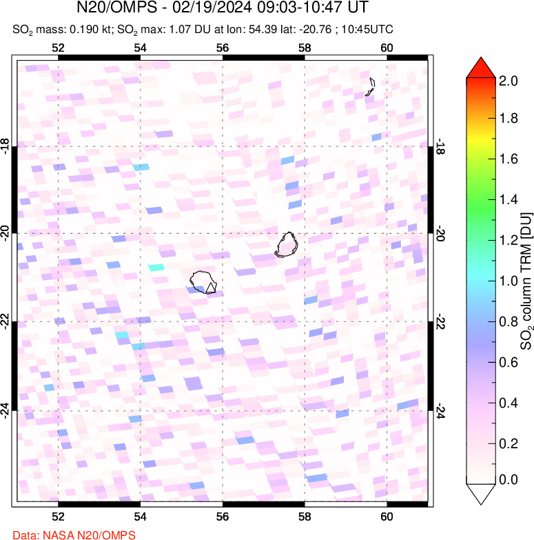 A sulfur dioxide image over Reunion Island, Indian Ocean on Feb 19, 2024.