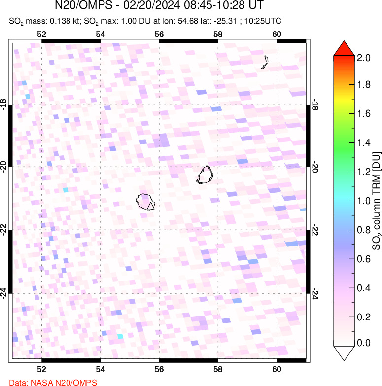 A sulfur dioxide image over Reunion Island, Indian Ocean on Feb 20, 2024.