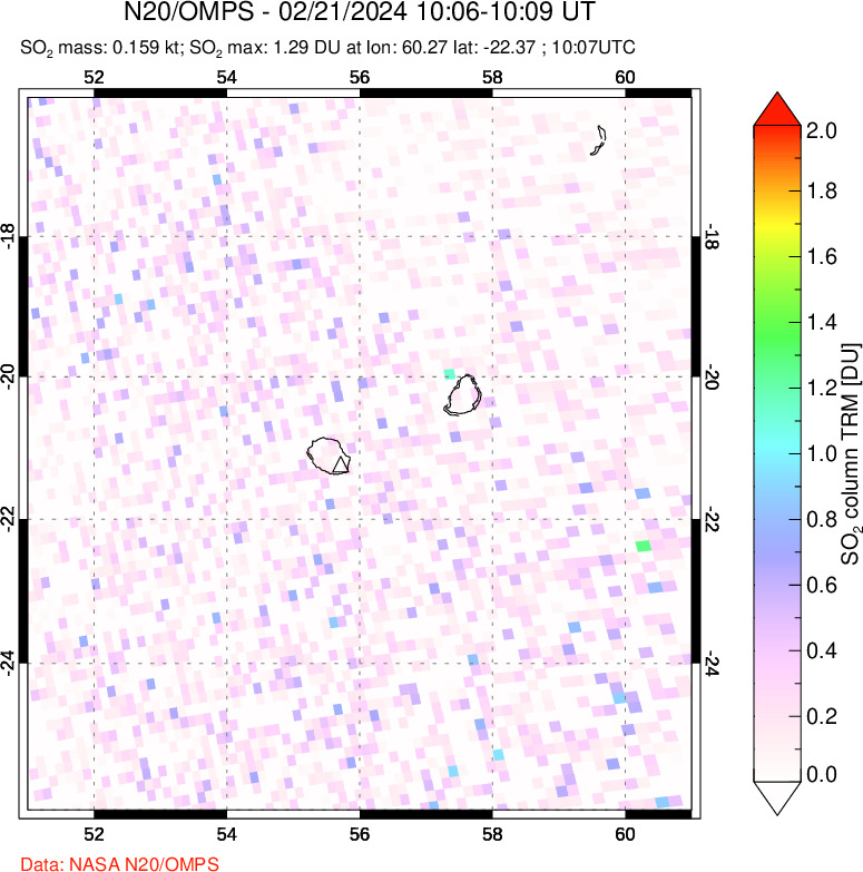 A sulfur dioxide image over Reunion Island, Indian Ocean on Feb 21, 2024.