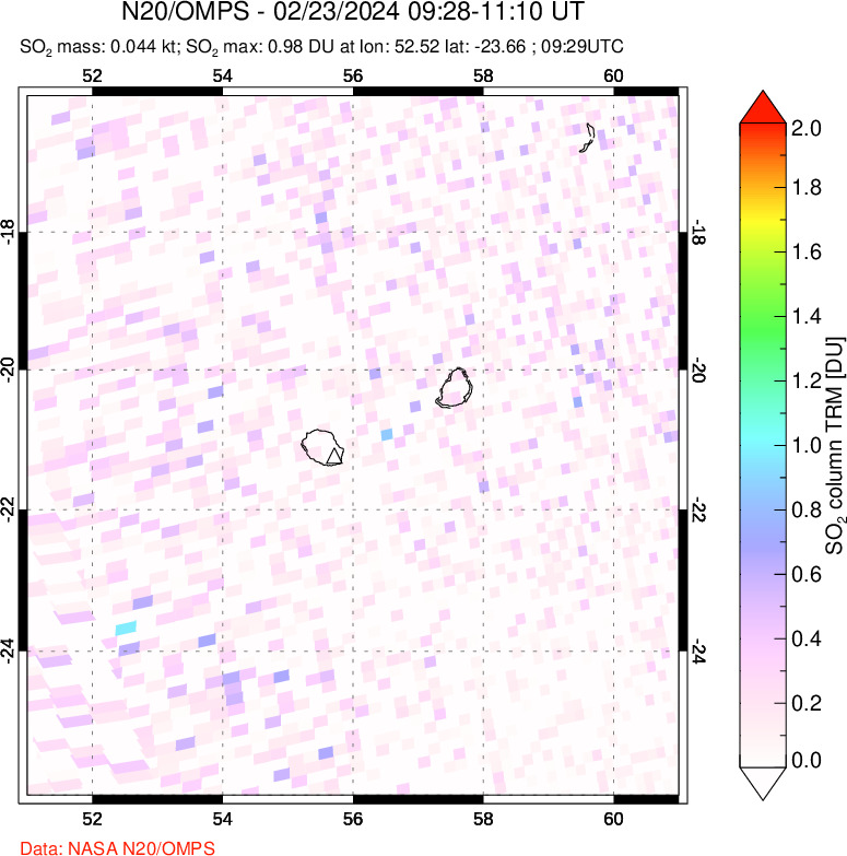 A sulfur dioxide image over Reunion Island, Indian Ocean on Feb 23, 2024.