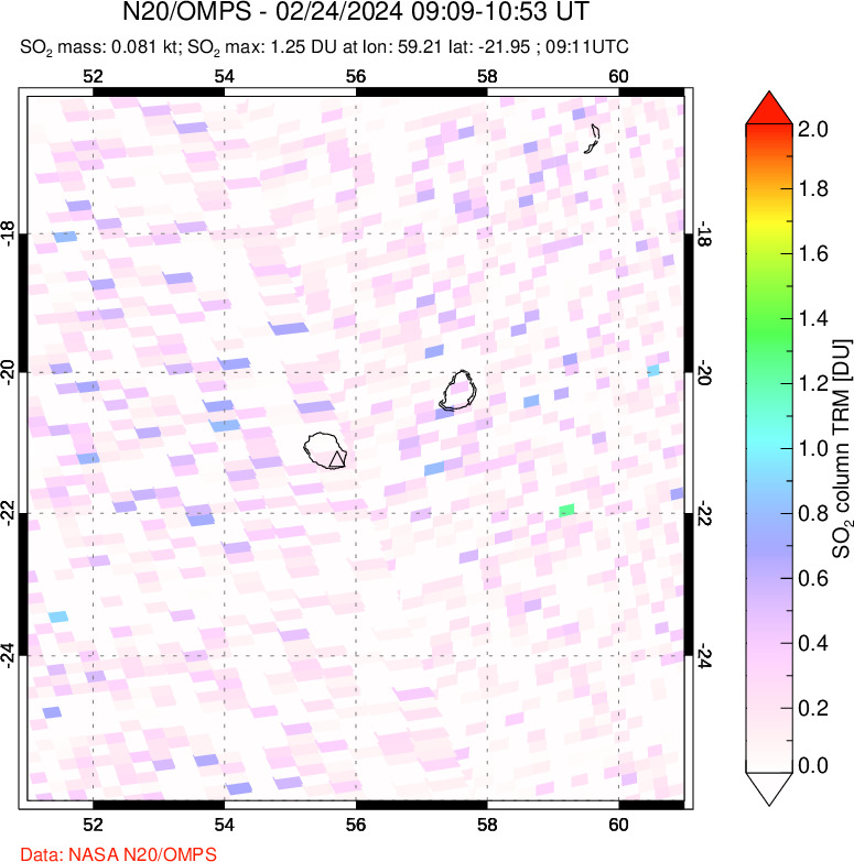 A sulfur dioxide image over Reunion Island, Indian Ocean on Feb 24, 2024.