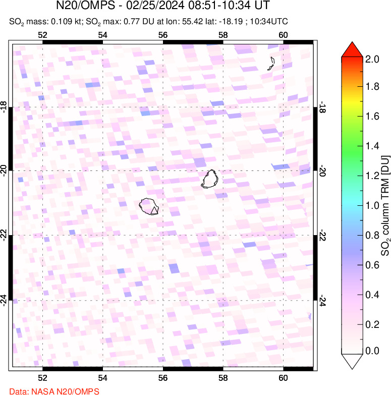 A sulfur dioxide image over Reunion Island, Indian Ocean on Feb 25, 2024.