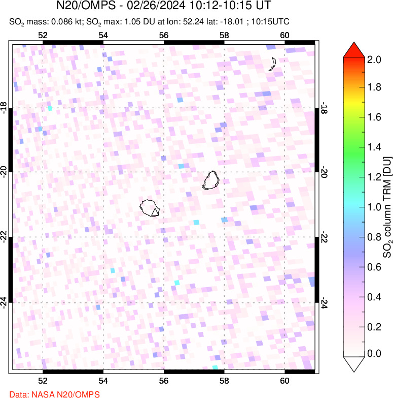 A sulfur dioxide image over Reunion Island, Indian Ocean on Feb 26, 2024.