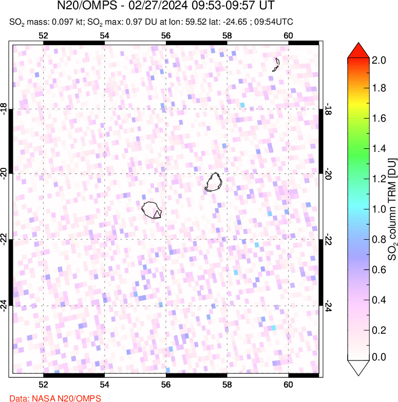 A sulfur dioxide image over Reunion Island, Indian Ocean on Feb 27, 2024.