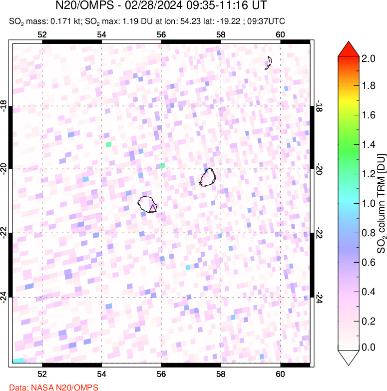 A sulfur dioxide image over Reunion Island, Indian Ocean on Feb 28, 2024.