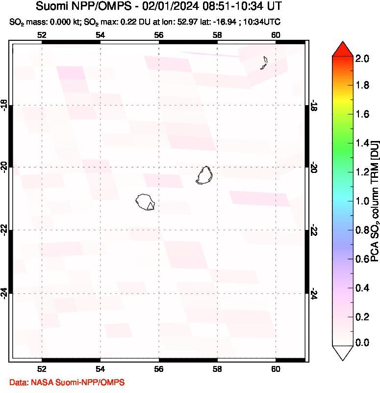 A sulfur dioxide image over Reunion Island, Indian Ocean on Feb 01, 2024.