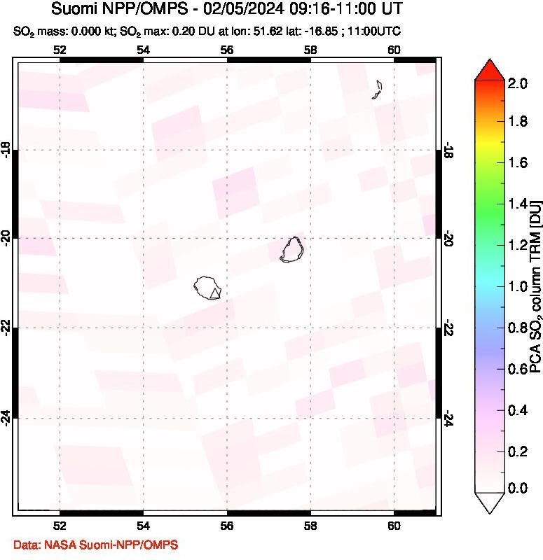 A sulfur dioxide image over Reunion Island, Indian Ocean on Feb 05, 2024.