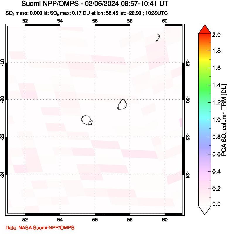 A sulfur dioxide image over Reunion Island, Indian Ocean on Feb 06, 2024.