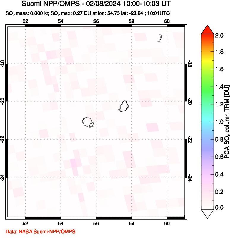 A sulfur dioxide image over Reunion Island, Indian Ocean on Feb 08, 2024.