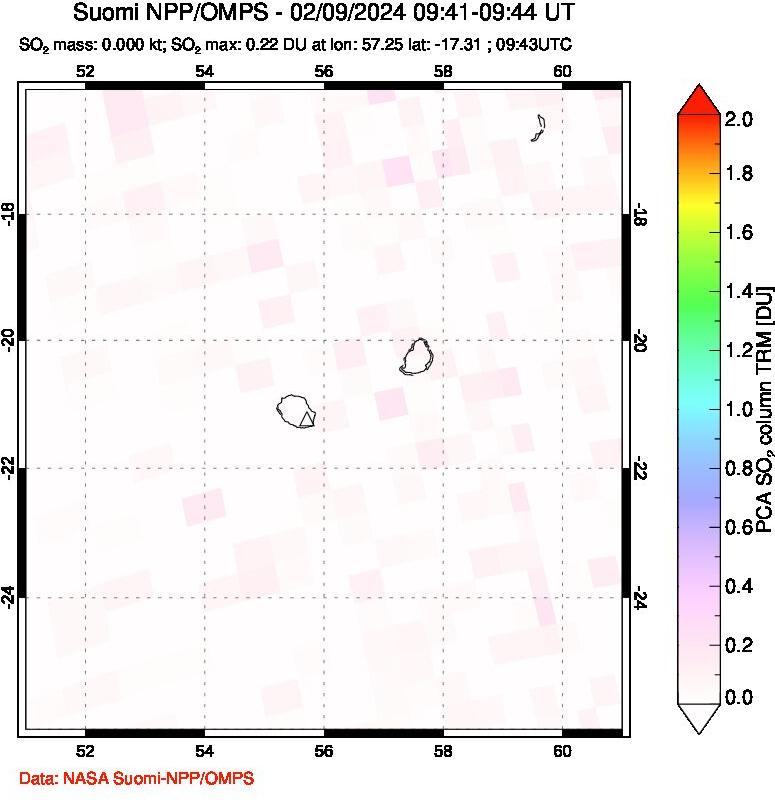 A sulfur dioxide image over Reunion Island, Indian Ocean on Feb 09, 2024.