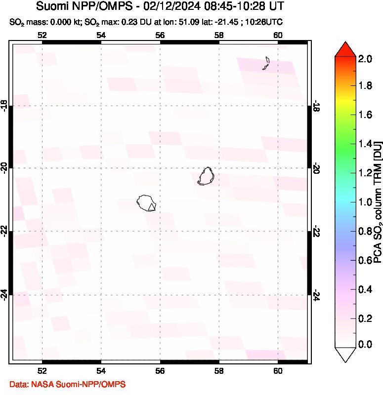 A sulfur dioxide image over Reunion Island, Indian Ocean on Feb 12, 2024.