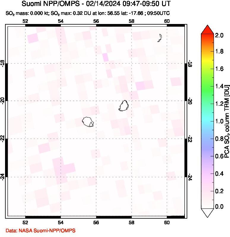 A sulfur dioxide image over Reunion Island, Indian Ocean on Feb 14, 2024.