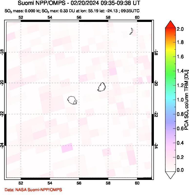 A sulfur dioxide image over Reunion Island, Indian Ocean on Feb 20, 2024.