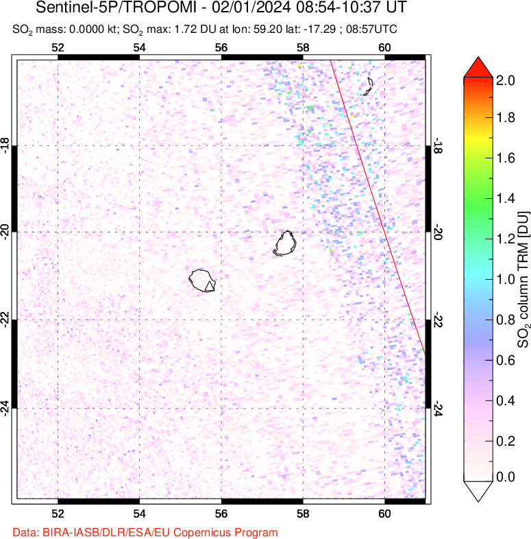 A sulfur dioxide image over Reunion Island, Indian Ocean on Feb 01, 2024.