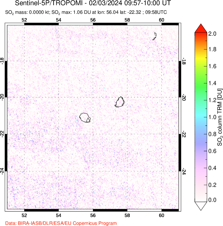 A sulfur dioxide image over Reunion Island, Indian Ocean on Feb 03, 2024.