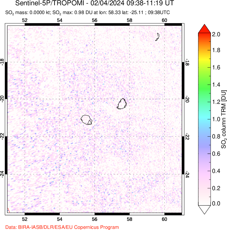 A sulfur dioxide image over Reunion Island, Indian Ocean on Feb 04, 2024.