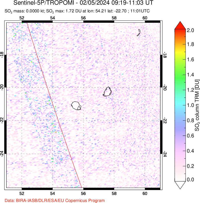 A sulfur dioxide image over Reunion Island, Indian Ocean on Feb 05, 2024.