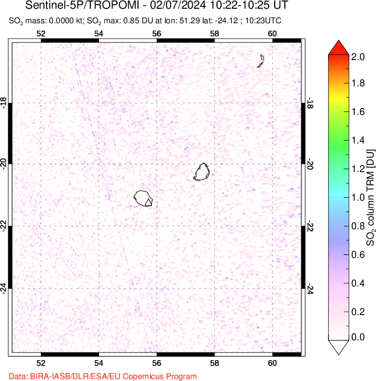 A sulfur dioxide image over Reunion Island, Indian Ocean on Feb 07, 2024.