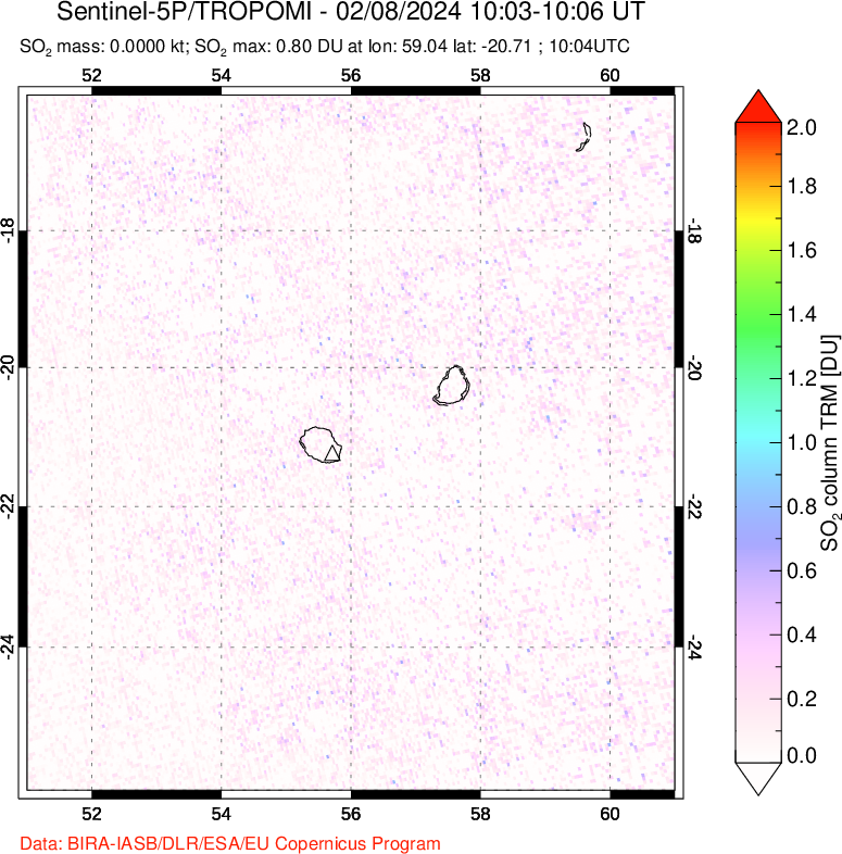 A sulfur dioxide image over Reunion Island, Indian Ocean on Feb 08, 2024.