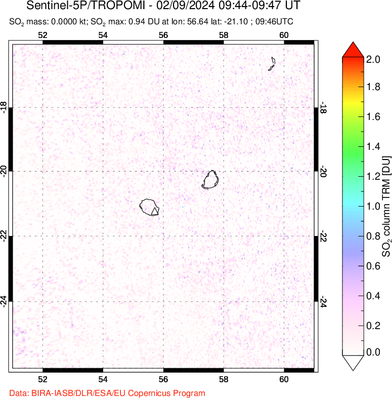 A sulfur dioxide image over Reunion Island, Indian Ocean on Feb 09, 2024.