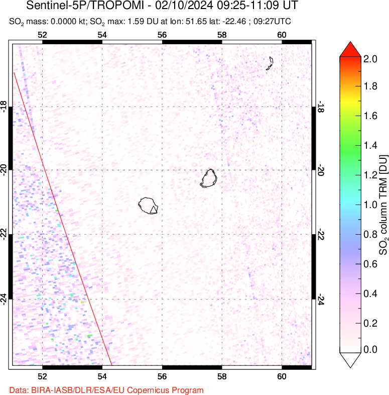 A sulfur dioxide image over Reunion Island, Indian Ocean on Feb 10, 2024.