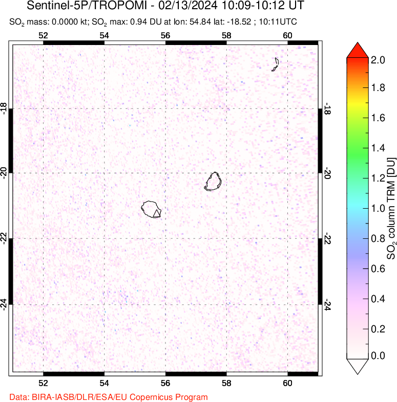 A sulfur dioxide image over Reunion Island, Indian Ocean on Feb 13, 2024.