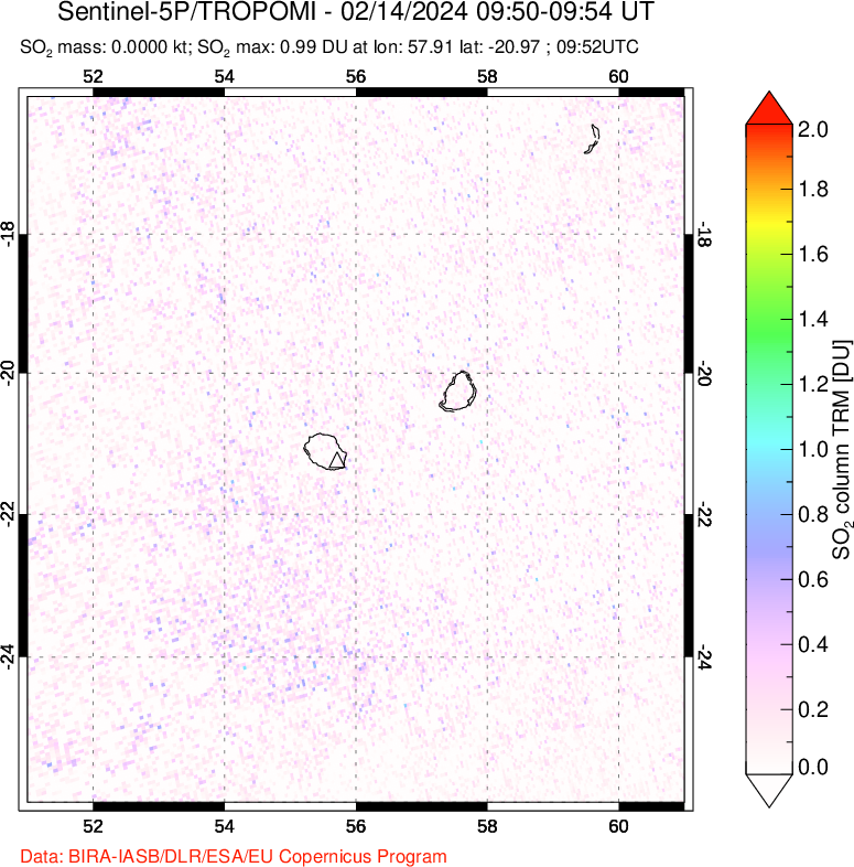 A sulfur dioxide image over Reunion Island, Indian Ocean on Feb 14, 2024.