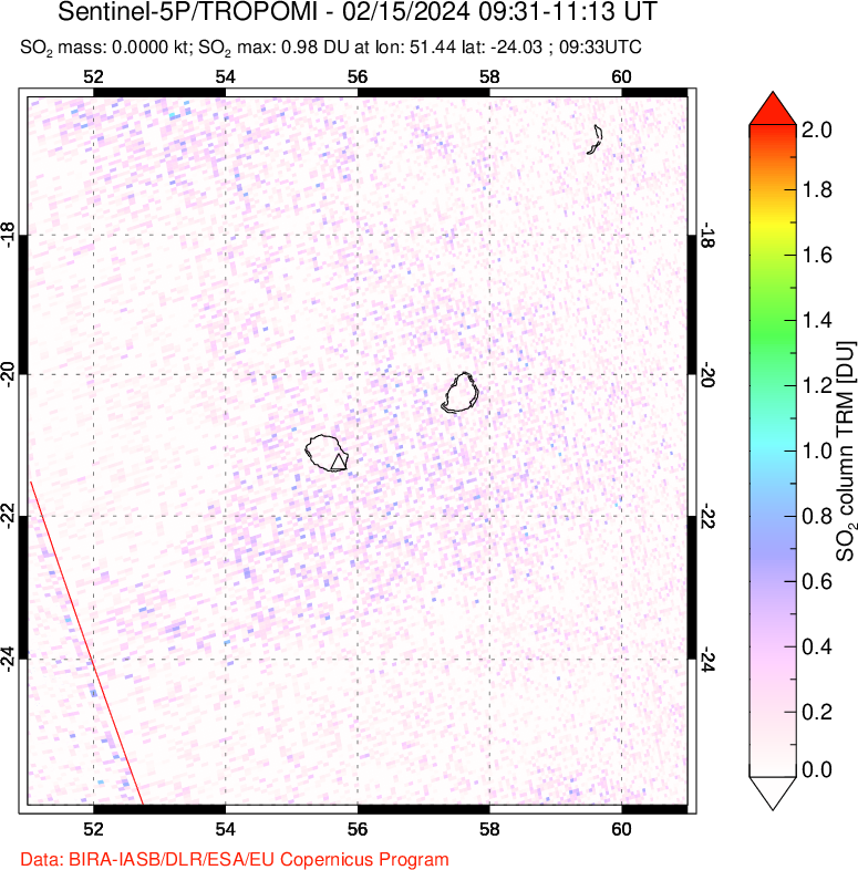 A sulfur dioxide image over Reunion Island, Indian Ocean on Feb 15, 2024.