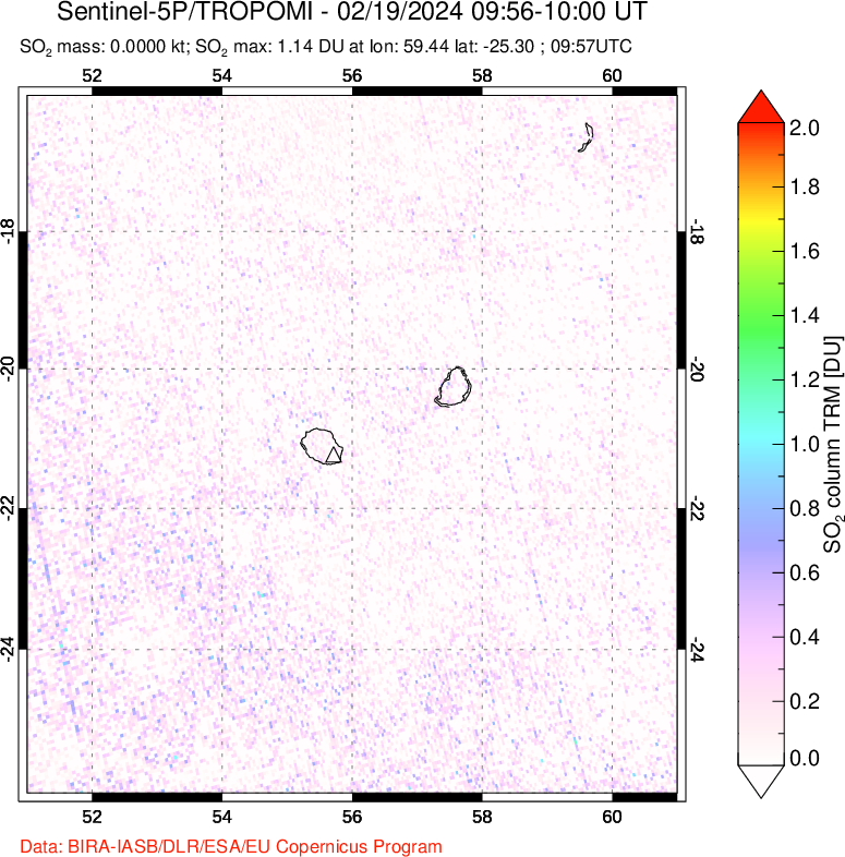 A sulfur dioxide image over Reunion Island, Indian Ocean on Feb 19, 2024.